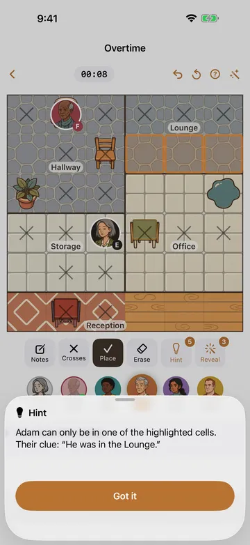 Detective Sudoku hint explaining why a suspect can only occupy highlighted cells