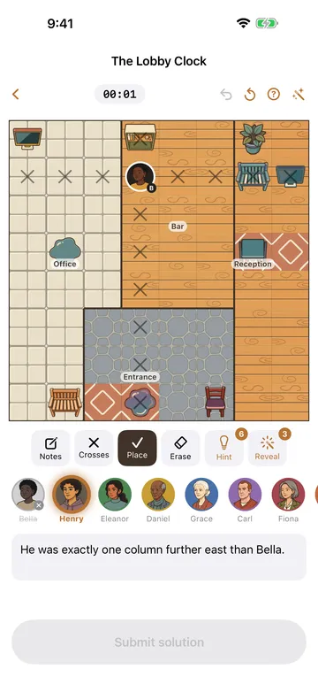 An unsolved Detective Sudoku hotel board with suspects and room clues