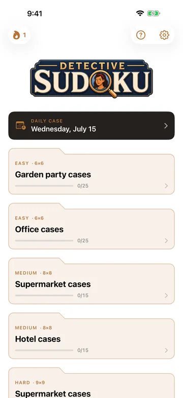Detective Sudoku menu with daily, garden, office, supermarket and hotel cases