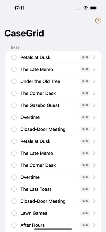 Detective Sudoku case list showing difficulty groups