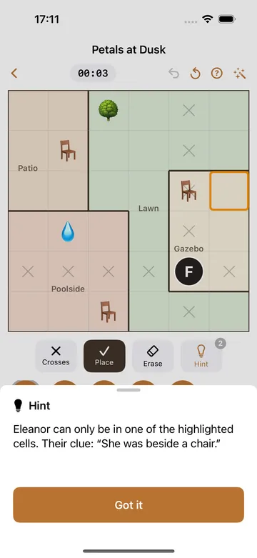 An explainable hint naming the deduction and its clue