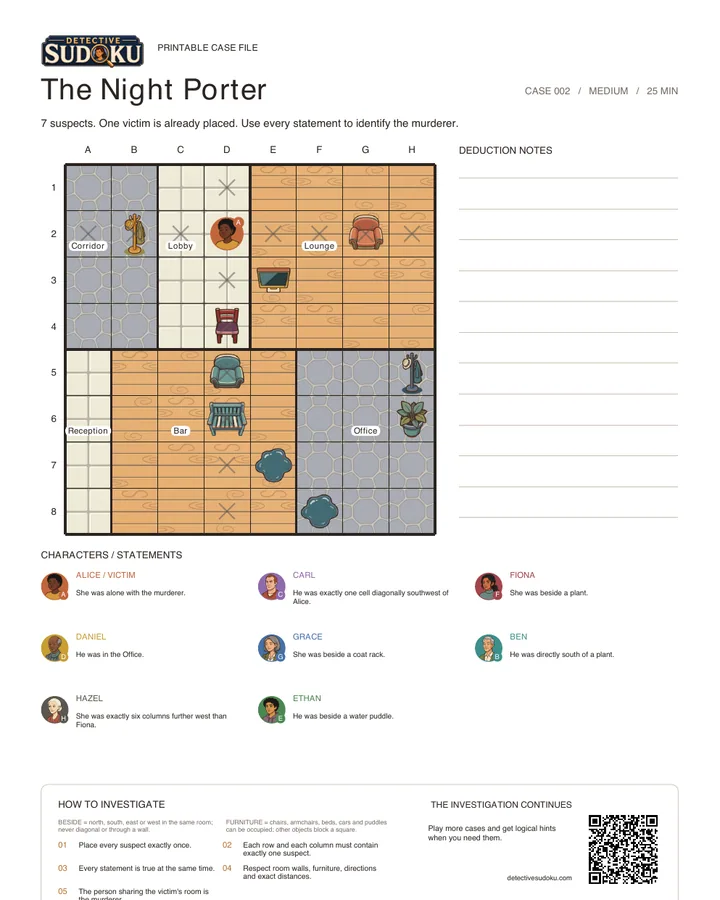 Preview of The Night Porter printable murder Sudoku case