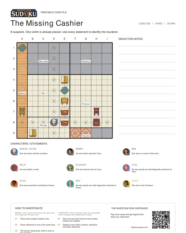 Preview of The Missing Cashier printable murder Sudoku case