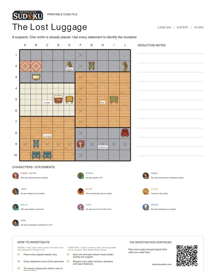 Preview of The Lost Luggage printable murder Sudoku case
