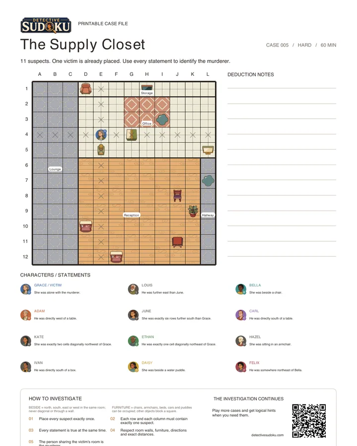 Preview of The Supply Closet printable murder Sudoku case