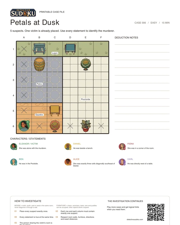 Preview of Petals at Dusk printable murder Sudoku case