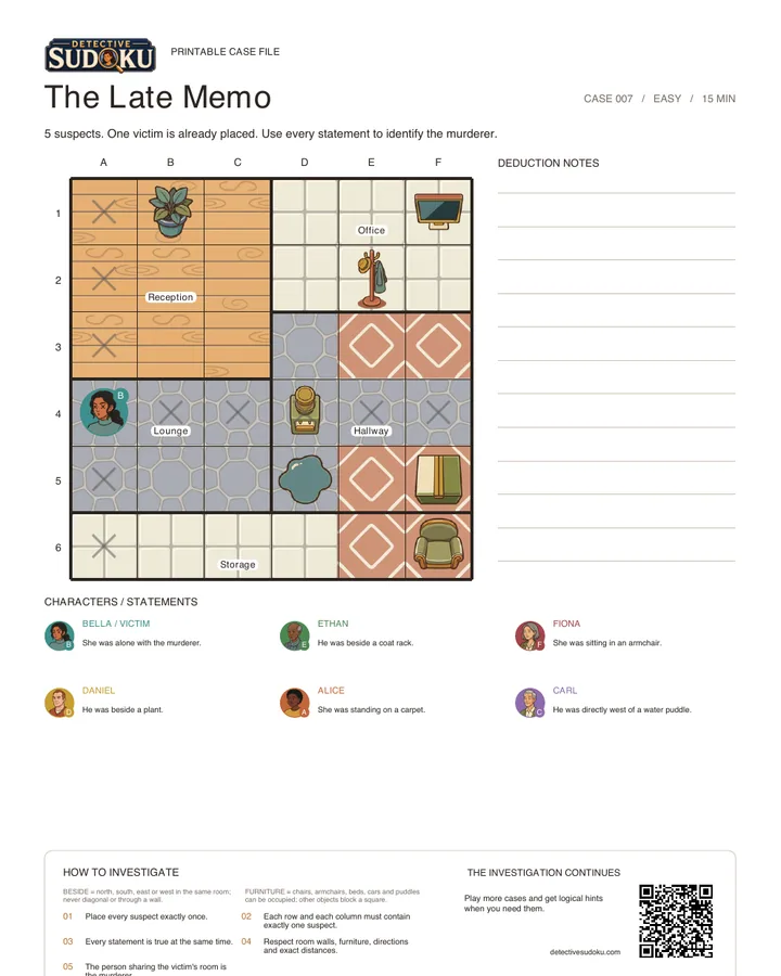 Preview of The Late Memo printable murder Sudoku case