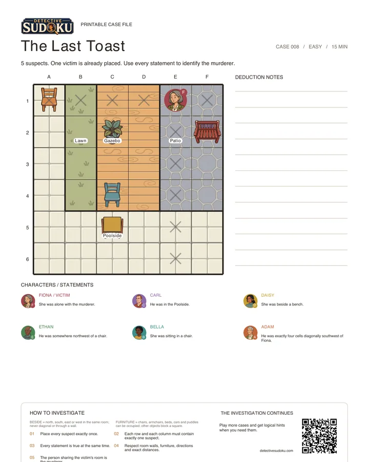 Preview of The Last Toast printable murder Sudoku case