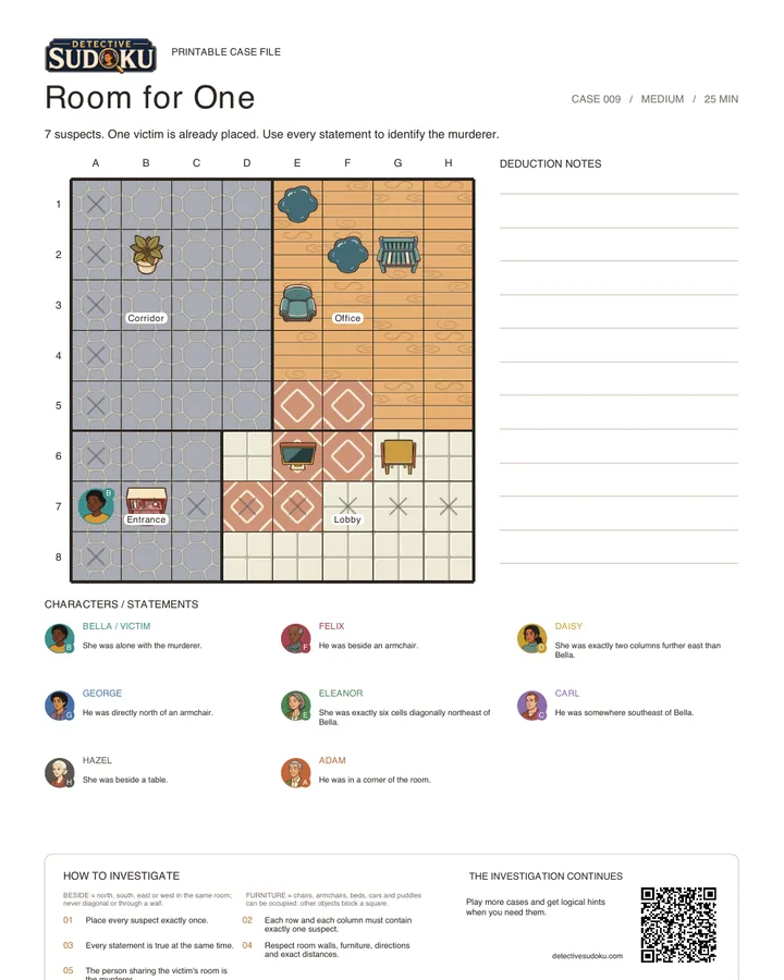 Preview of Room for One printable murder Sudoku case