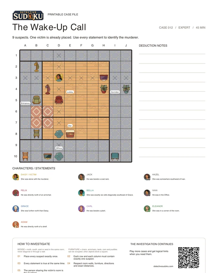 Preview of The Wake-Up Call printable murder Sudoku case