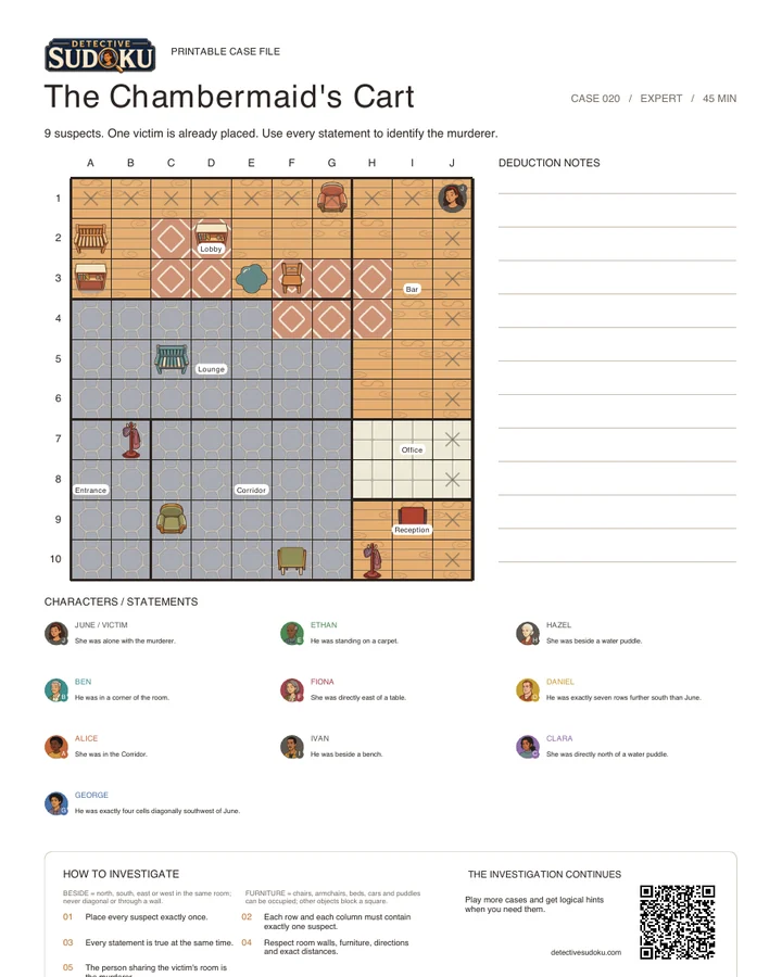 Preview of The Chambermaid's Cart printable murder Sudoku case