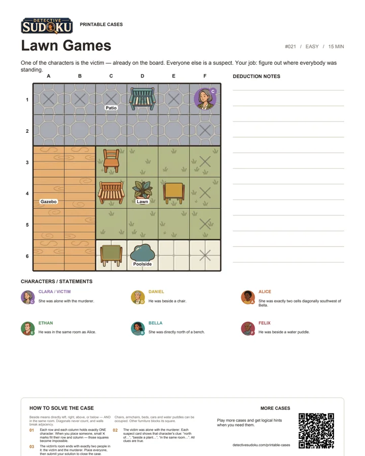 Preview of Lawn Games printable murder Sudoku case