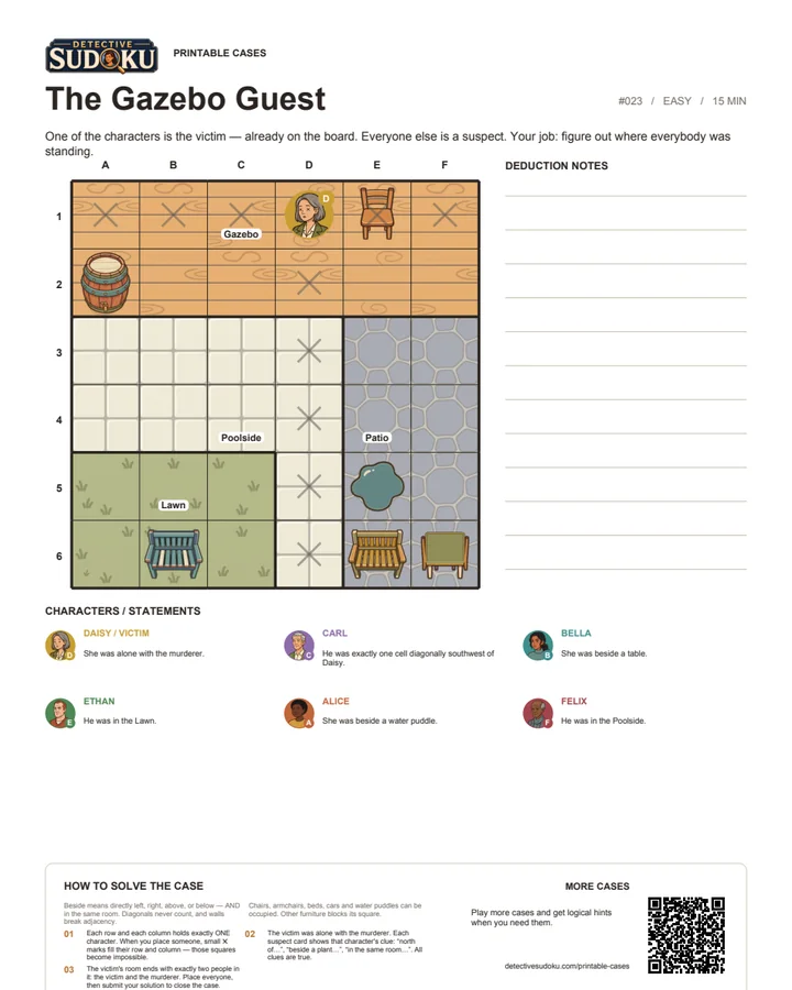 Preview of The Gazebo Guest printable murder Sudoku case