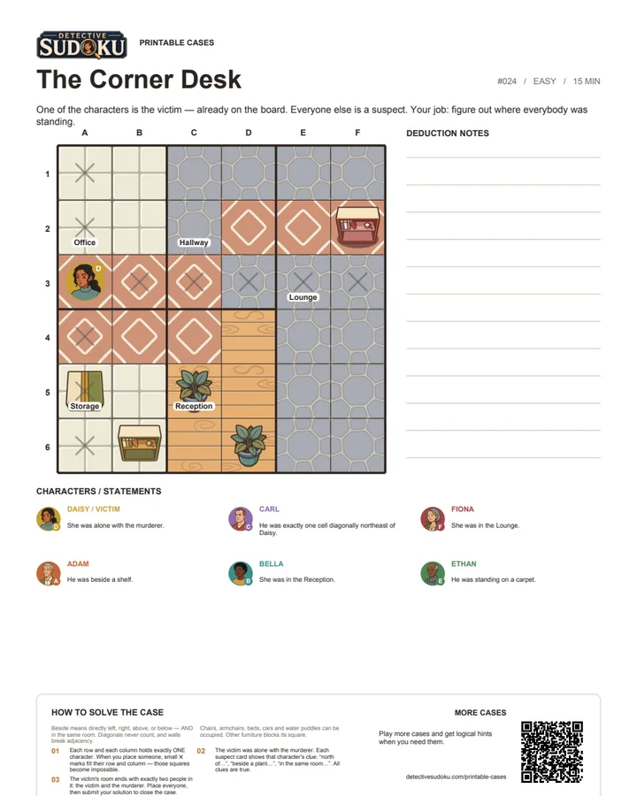 Preview of The Corner Desk printable murder Sudoku case