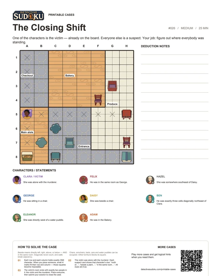Preview of The Closing Shift printable murder Sudoku case