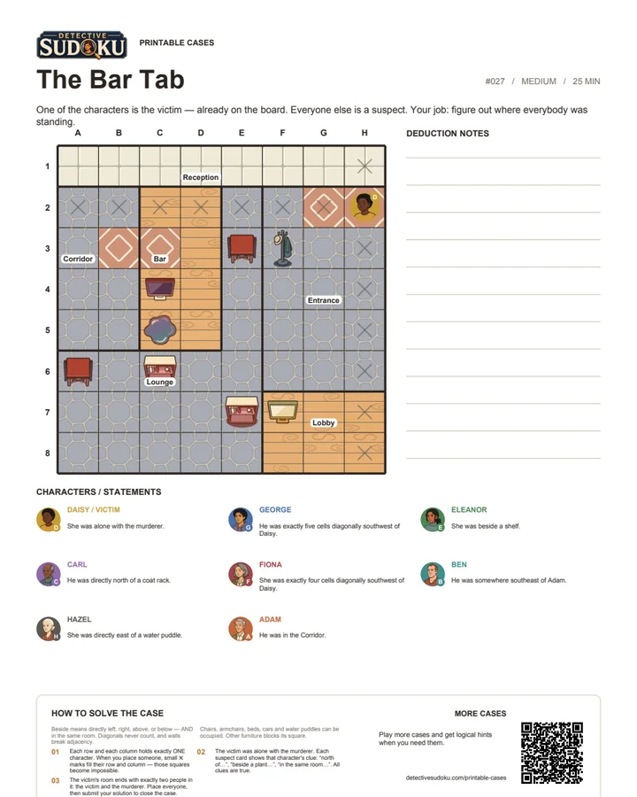 Preview of The Bar Tab printable murder Sudoku case